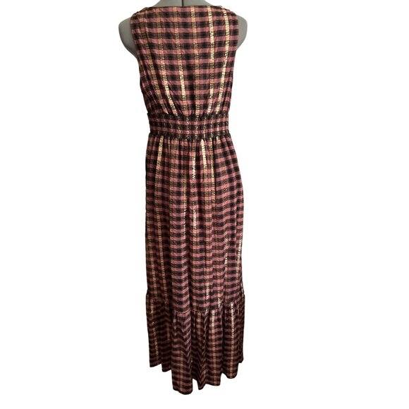 Vince Camuto Womens Sleeveless V Neck Pink Black Plaid Maxi Dress M - Picture 2 of 6
